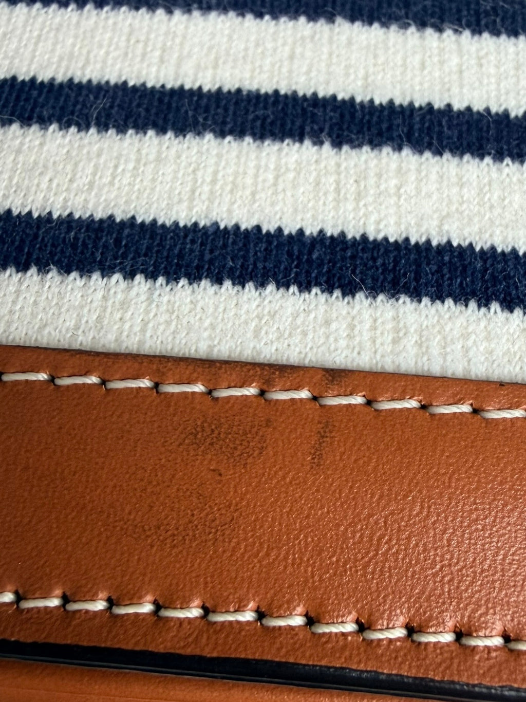 Celine Classique Triomphe Shoulder Bag in Fabric & Leather - Navy & White Striped, Brown