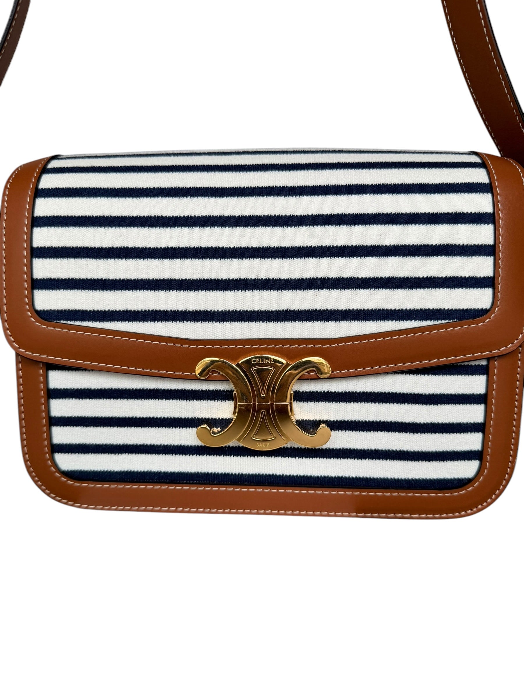 Celine Classique Triomphe Shoulder Bag in Fabric & Leather - Navy & White Striped, Brown