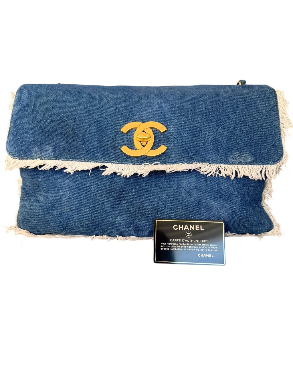 Chanel 90s Denim Frayed Maxi Flap Bag with Gold CC Hardware