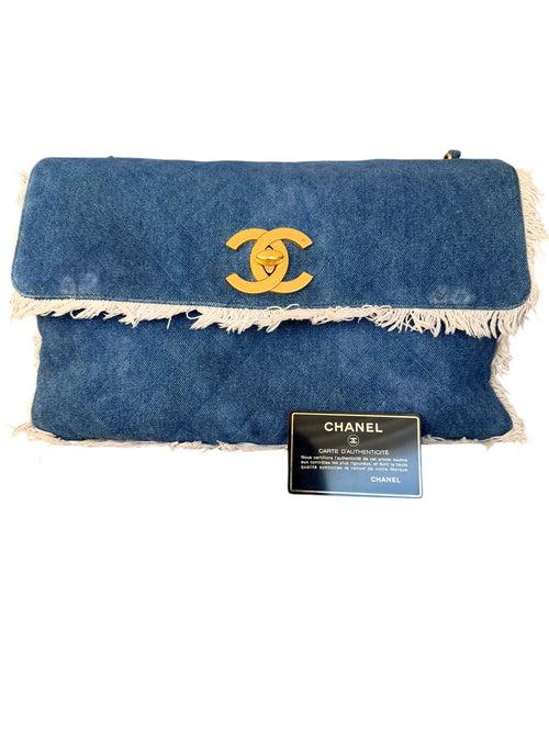 Chanel 90s Denim Frayed Maxi Flap Bag with Gold CC Hardware