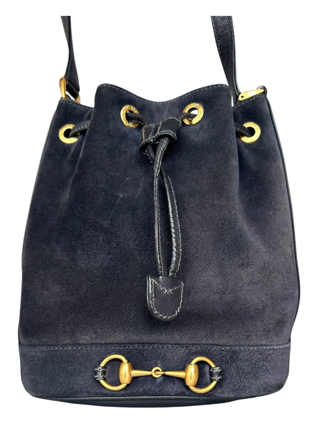 Gucci Vintage Suede Horsebit Bucket Bag - Navy