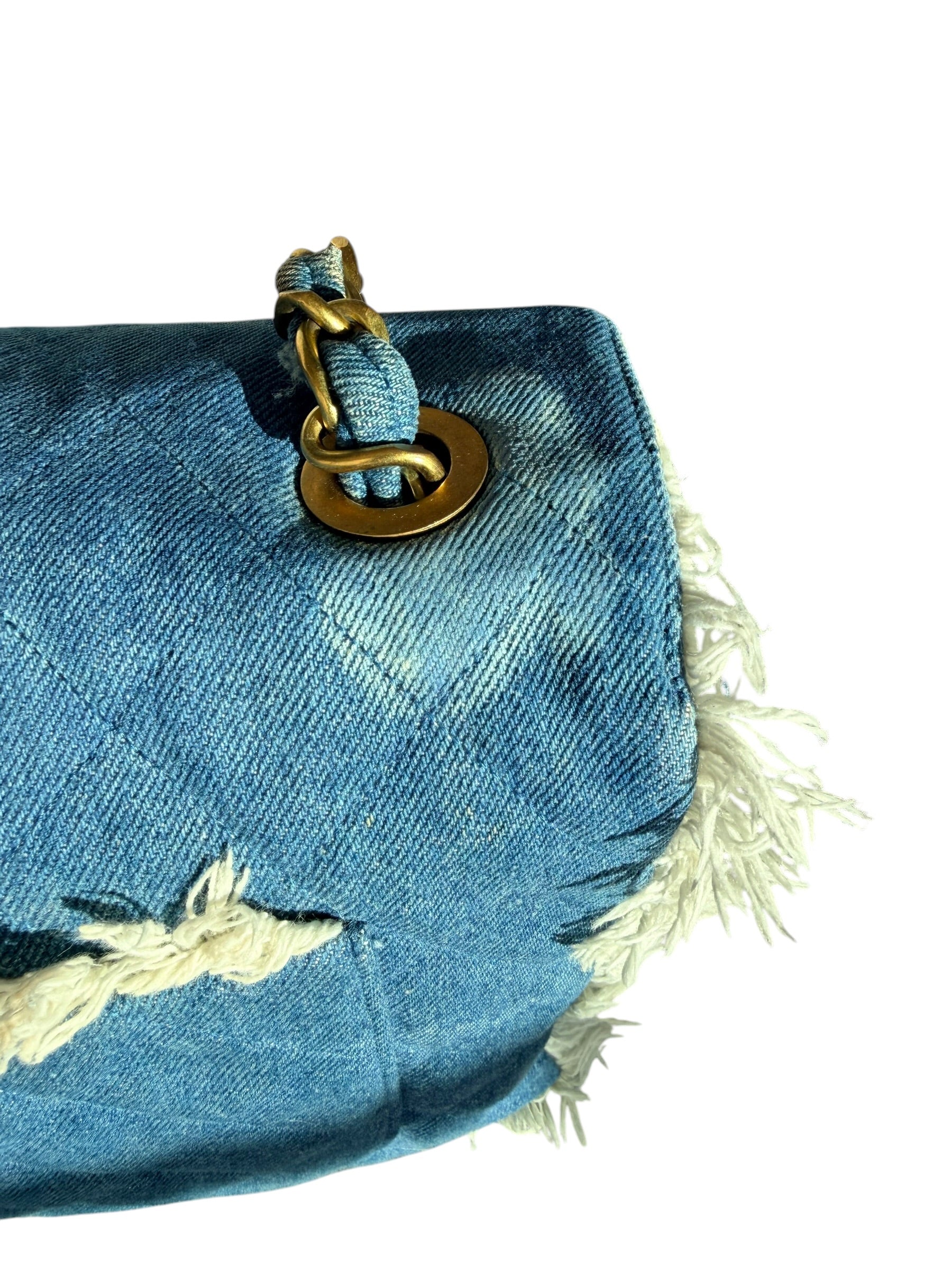 Chanel 90s Denim Frayed Maxi Flap Bag with Gold CC Hardware