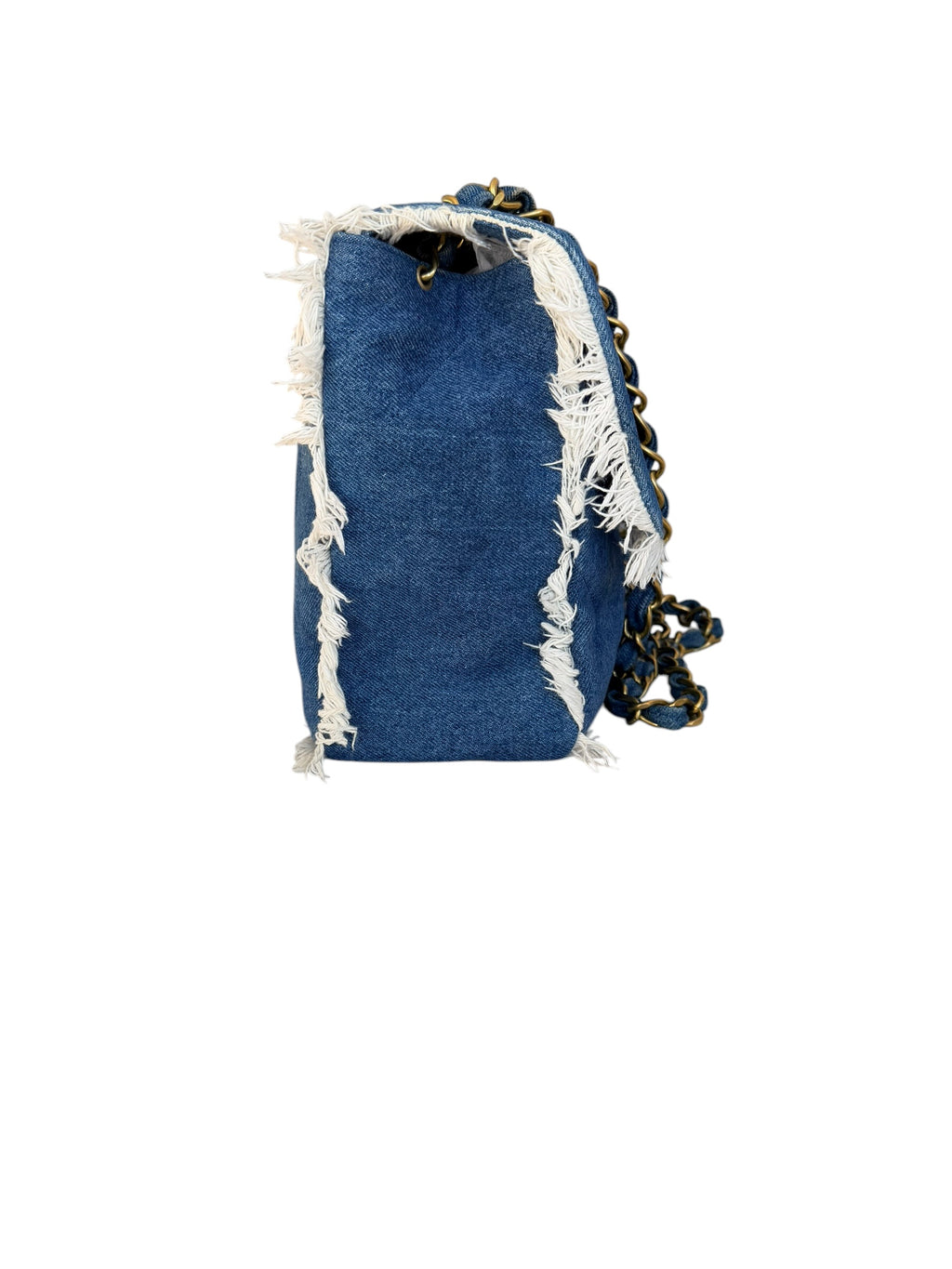 Chanel 90s Denim Frayed Maxi Flap Bag with Gold CC Hardware