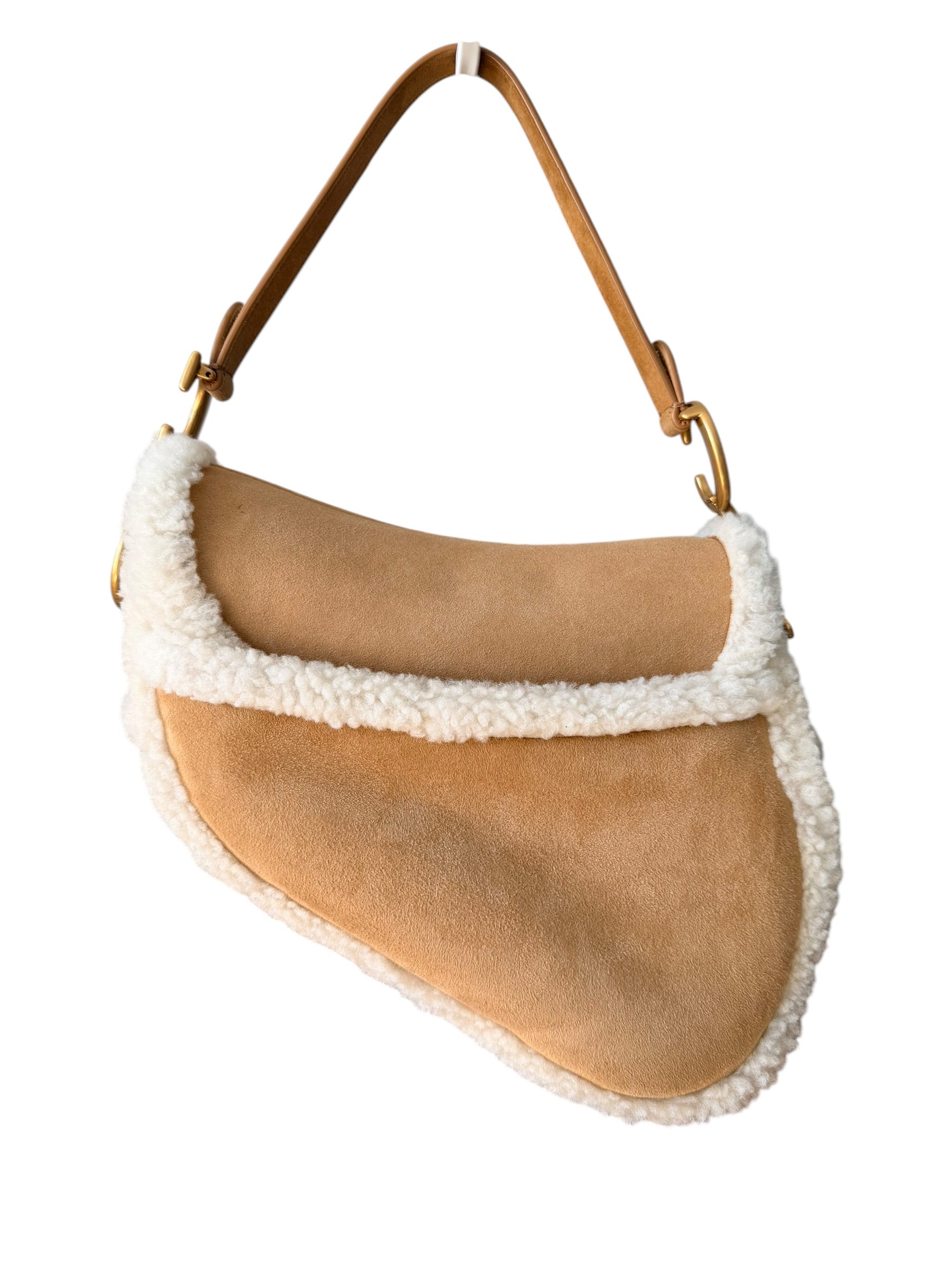 Dior Shearling Saddle Bag in Tan Suede with Gold Hardware