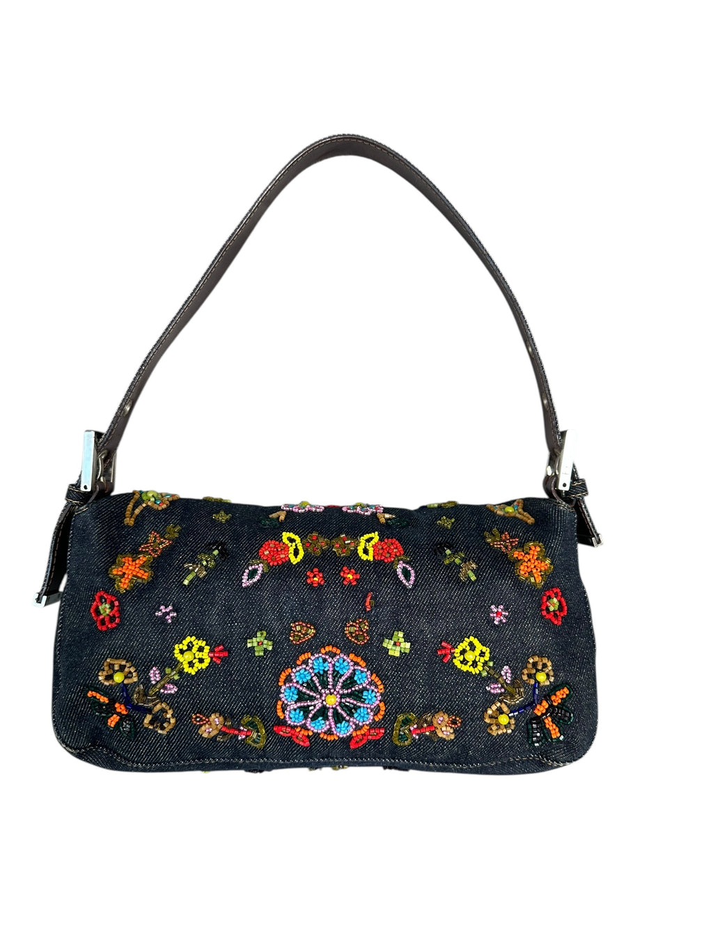 Fendi 1999 Vintage Beaded Floral Denim Mamma Baguette - Blue, SHW