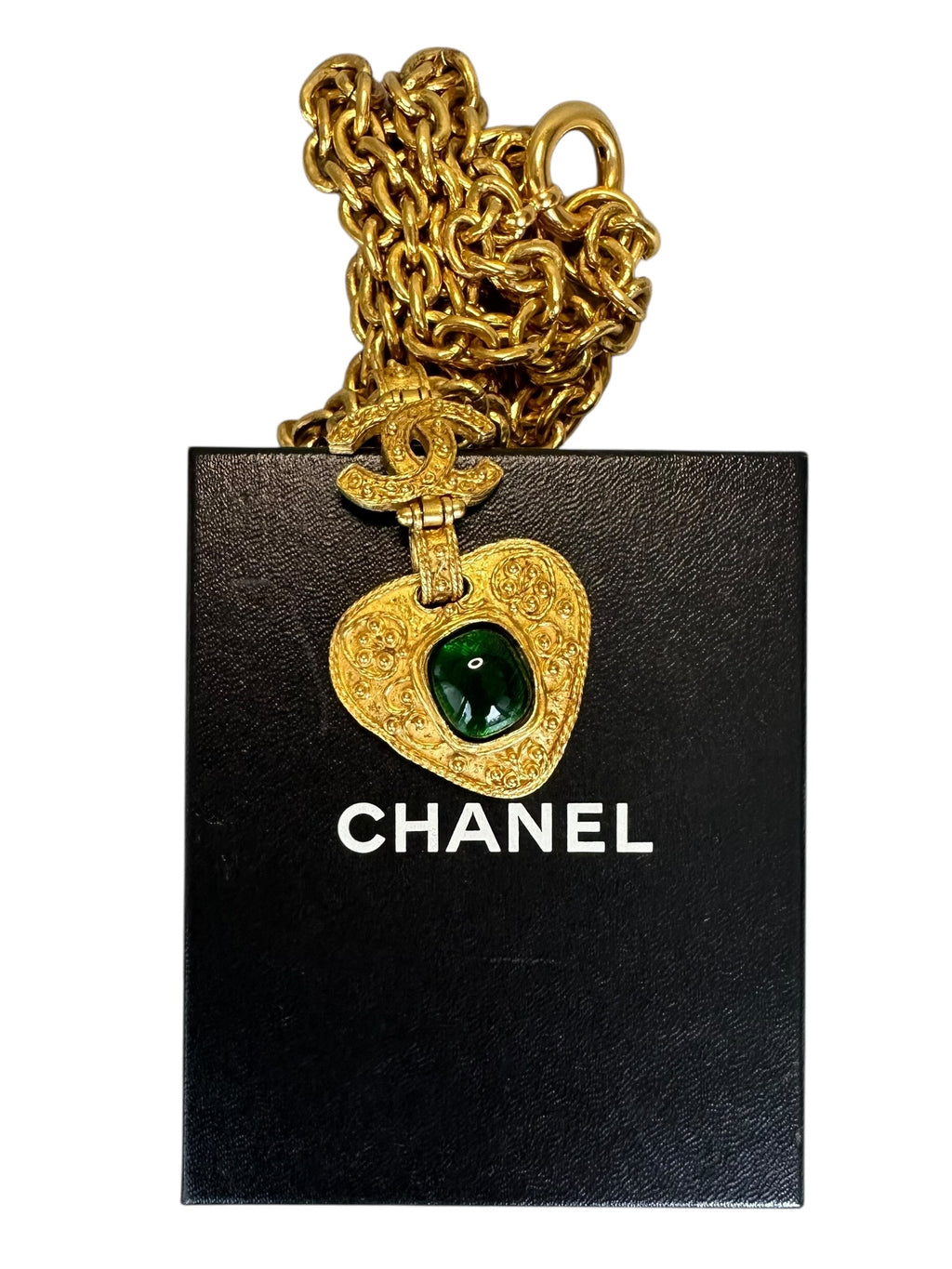 Chanel Vintage 90s Heart Necklace With Green Gripoix Stone - Gold Metal
