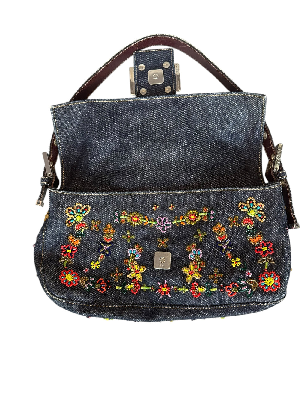 Fendi 1999 Vintage Beaded Floral Denim Mamma Baguette - Blue, SHW