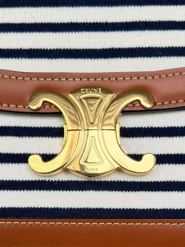Celine Classique Triomphe Shoulder Bag in Fabric & Leather - Navy & White Striped, Brown