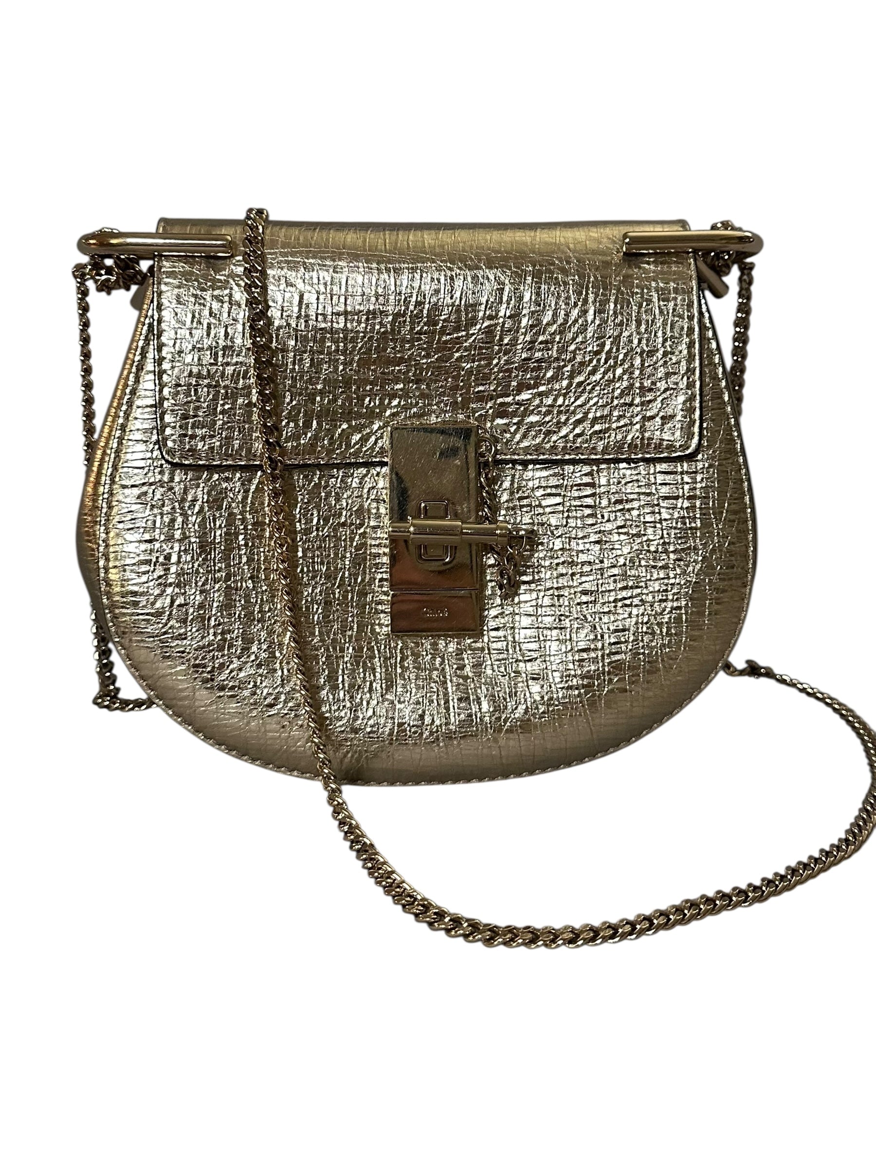 Chloe Drew Shoulder Bag in Metallic Crinkled Leather - Gold, GHW