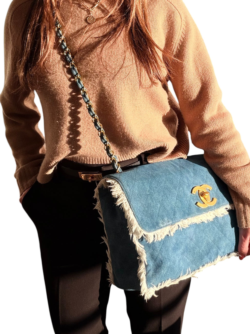 Chanel 90s Denim Frayed Maxi Flap Bag with Gold CC Hardware
