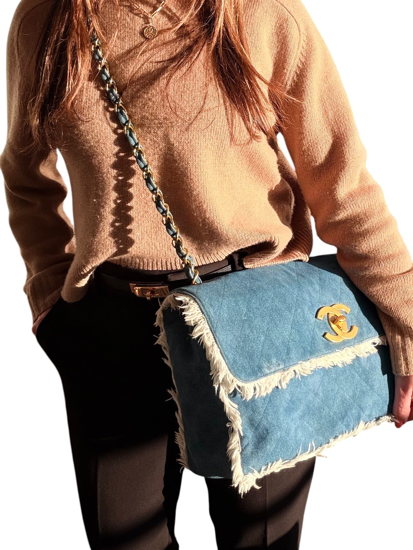 Chanel 90s Denim Frayed Maxi Flap Bag with Gold CC Hardware