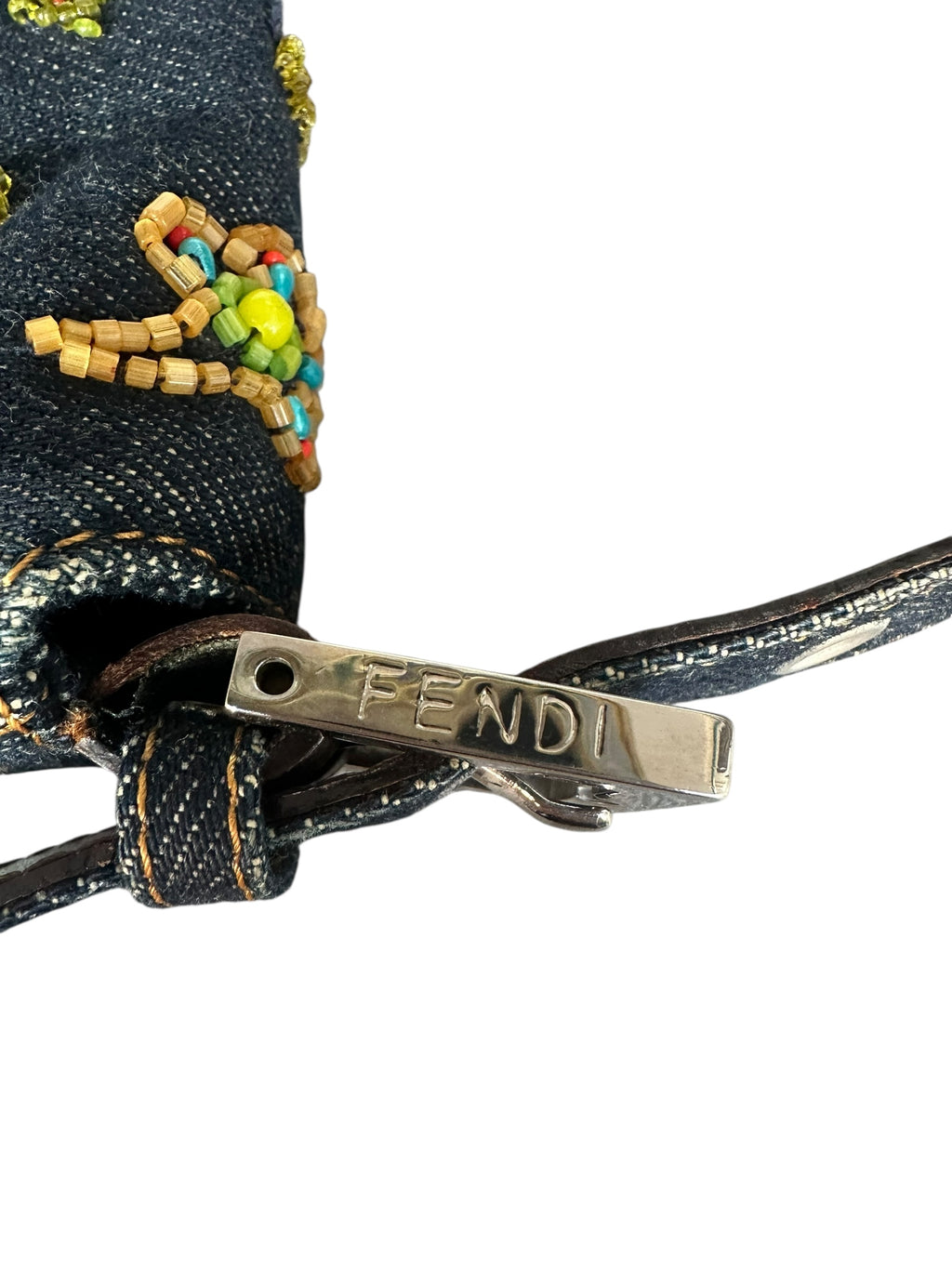 Fendi 1999 Vintage Beaded Floral Denim Mamma Baguette - Blue, SHW