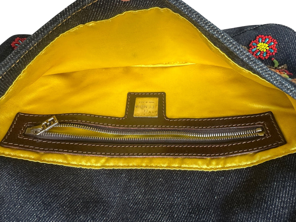 Fendi 1999 Vintage Beaded Floral Denim Mamma Baguette - Blue, SHW