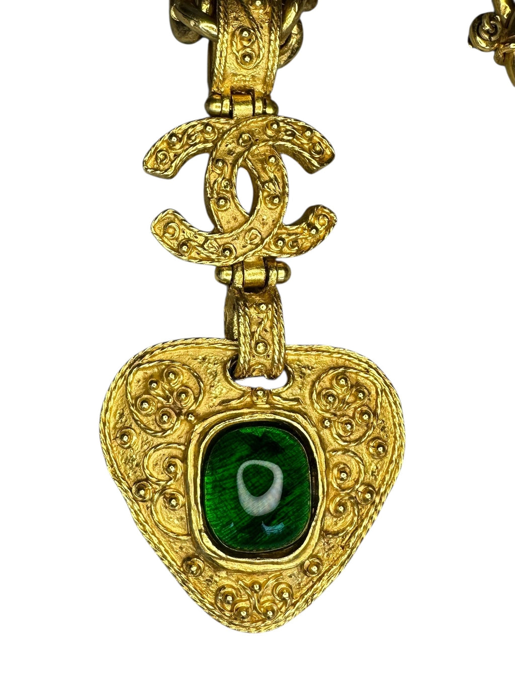 Chanel Vintage 90s Heart Necklace With Green Gripoix Stone - Gold Metal