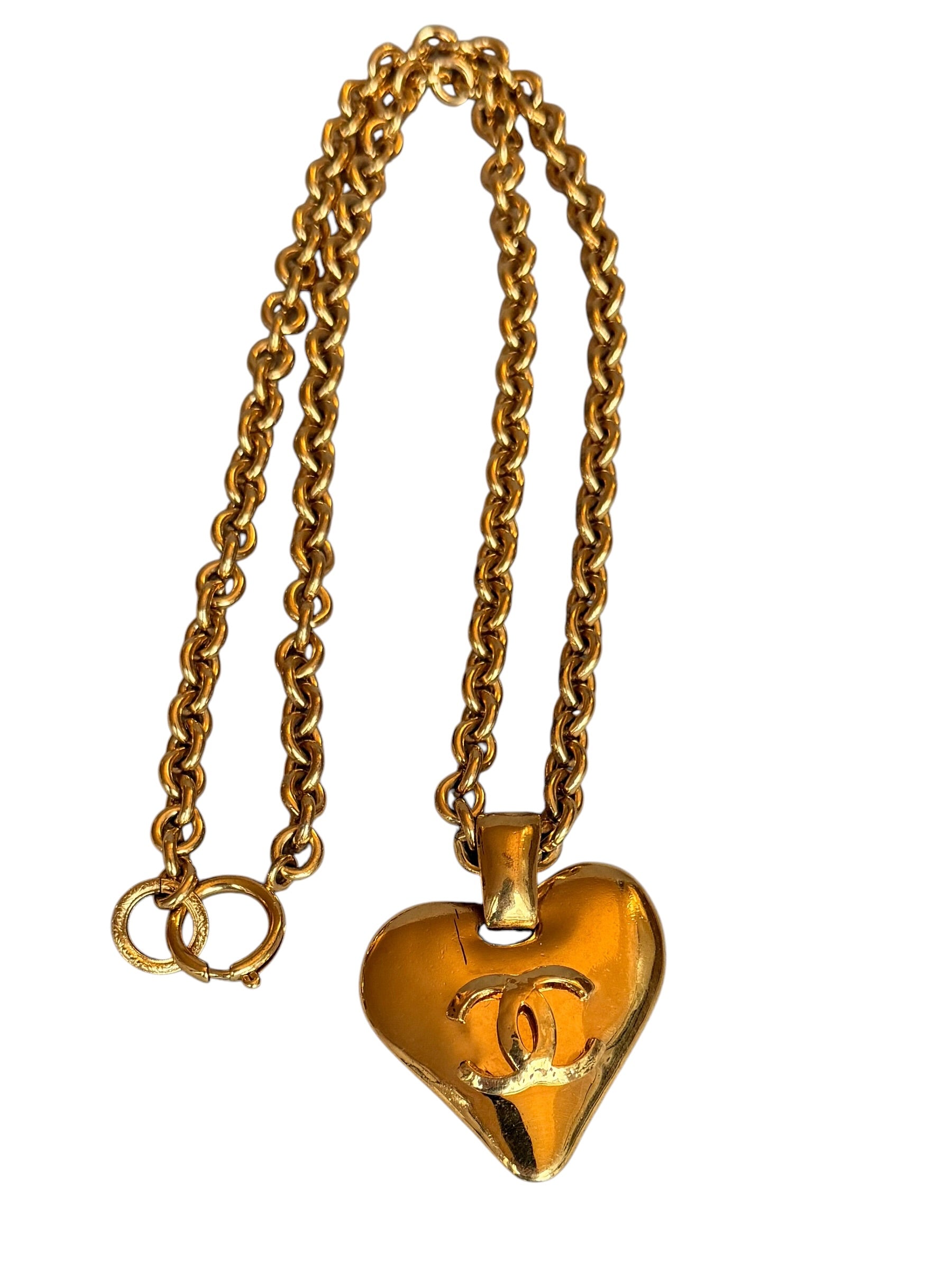 Chanel Vintage CC Logo 24k Gold Plated Heart Necklace