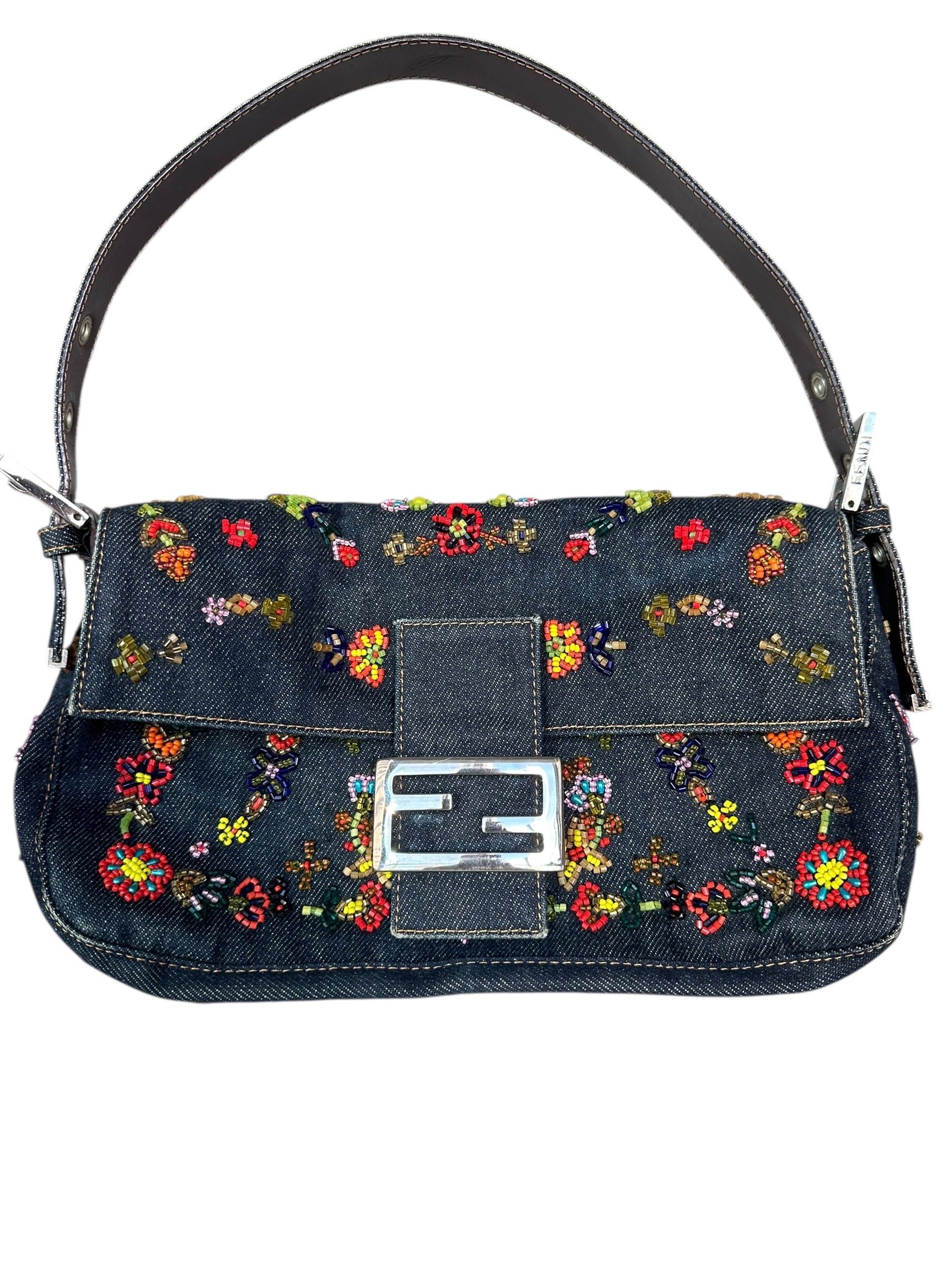 Fendi 1999 Vintage Beaded Floral Denim Mamma Baguette - Blue, SHW