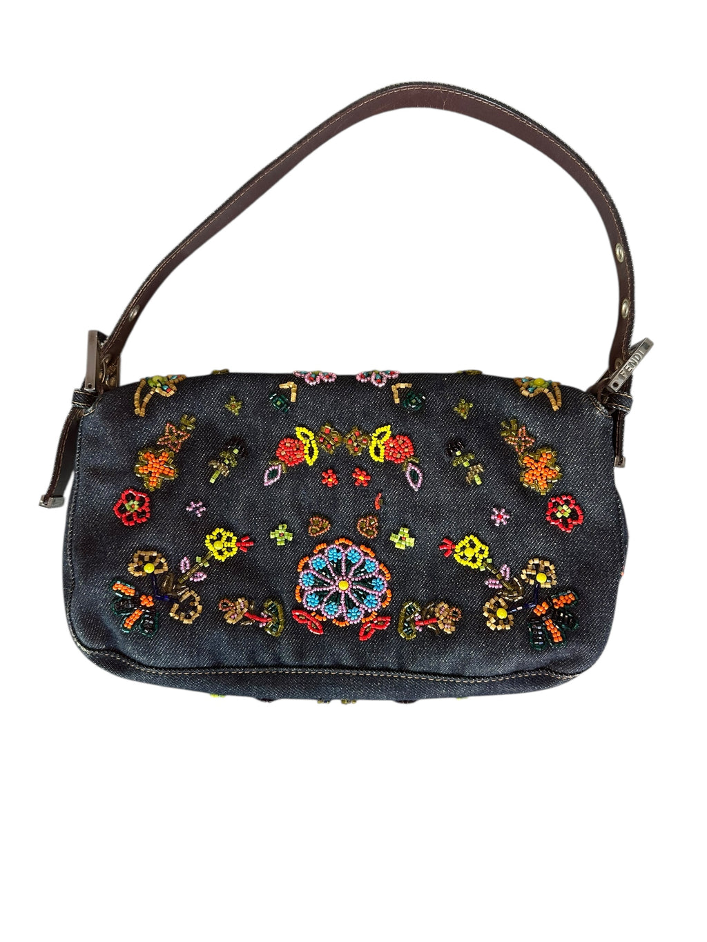 Fendi 1999 Vintage Beaded Floral Denim Mamma Baguette - Blue, SHW
