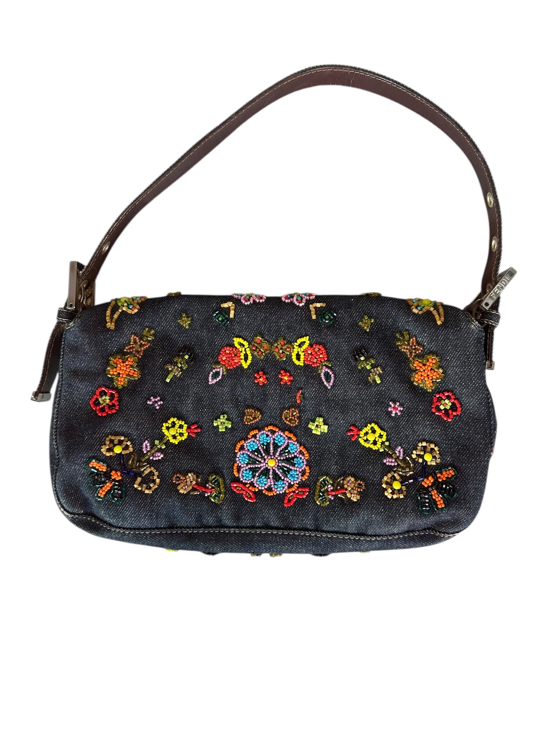 Fendi 1999 Vintage Beaded Floral Denim Mamma Baguette - Blue, SHW
