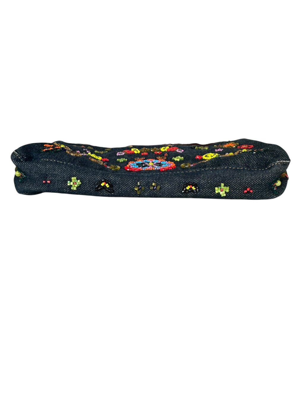 Fendi 1999 Vintage Beaded Floral Denim Mamma Baguette - Blue, SHW
