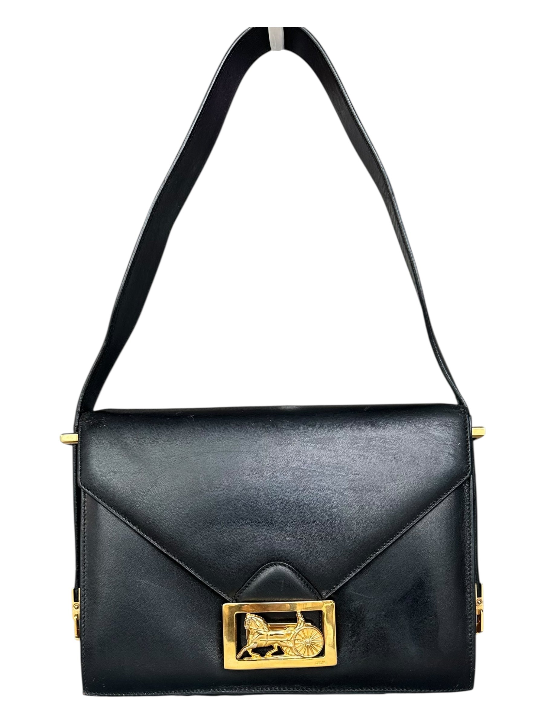 Celine 70s Vintage 2-Way Shoulder Bag with Carriage Clasp - Black