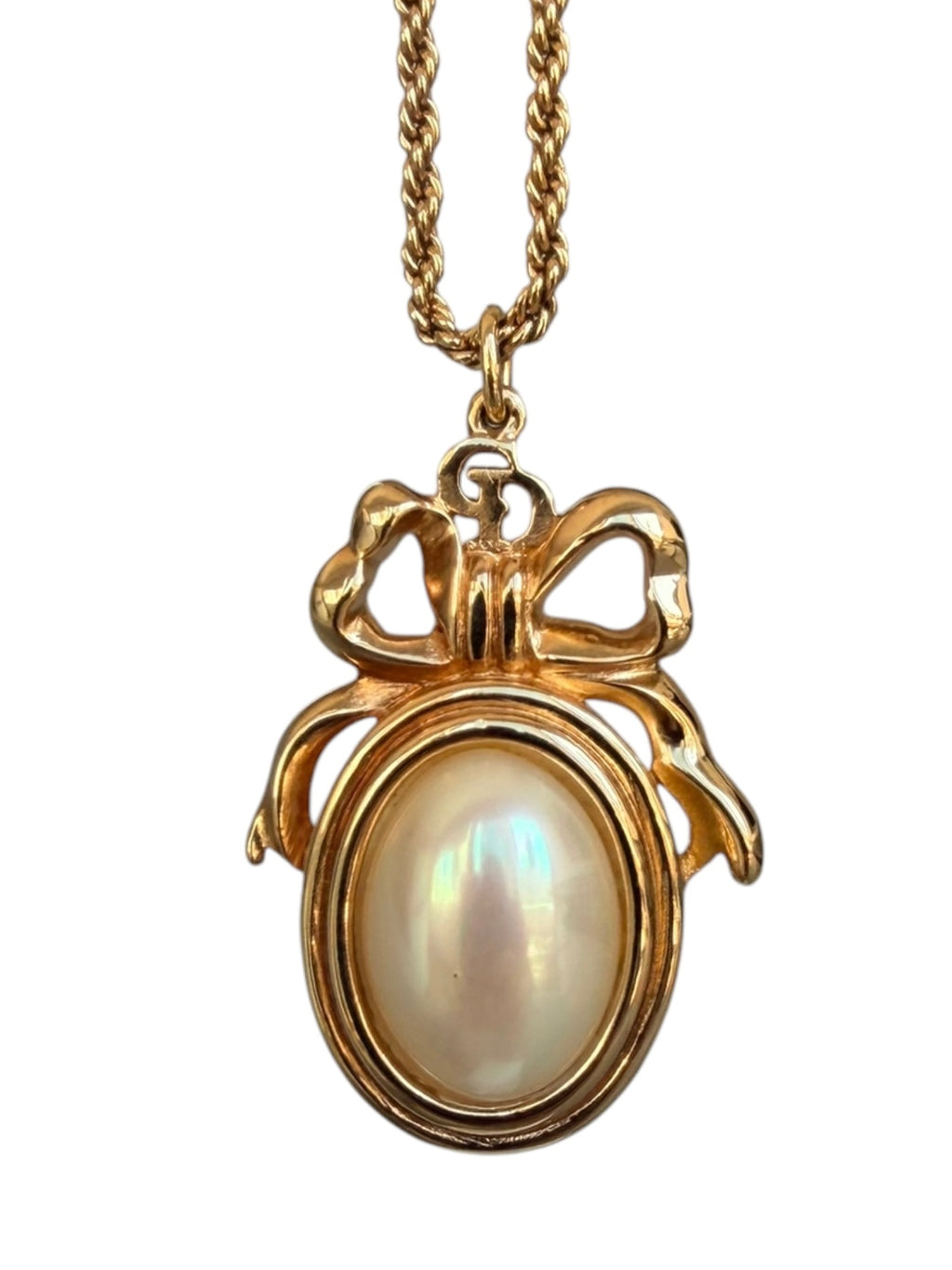 Dior Vintage 1980s Faux Pearl Medallion Bow Pendant