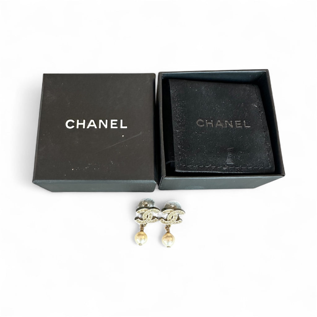 Chanel Crystal Pearl Drop CC Earrings - Gold
