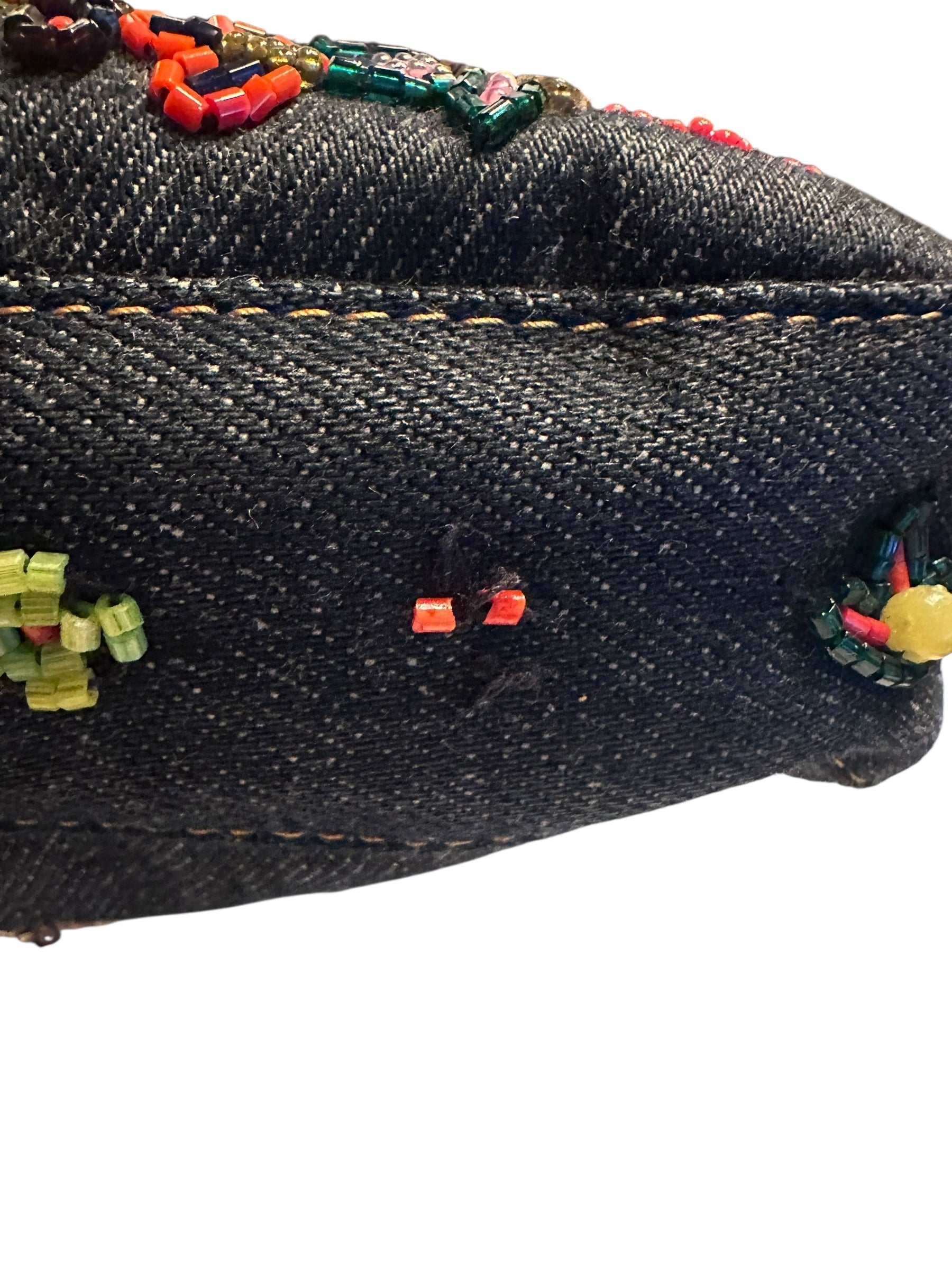 Fendi 1999 Vintage Beaded Floral Denim Mamma Baguette - Blue, SHW