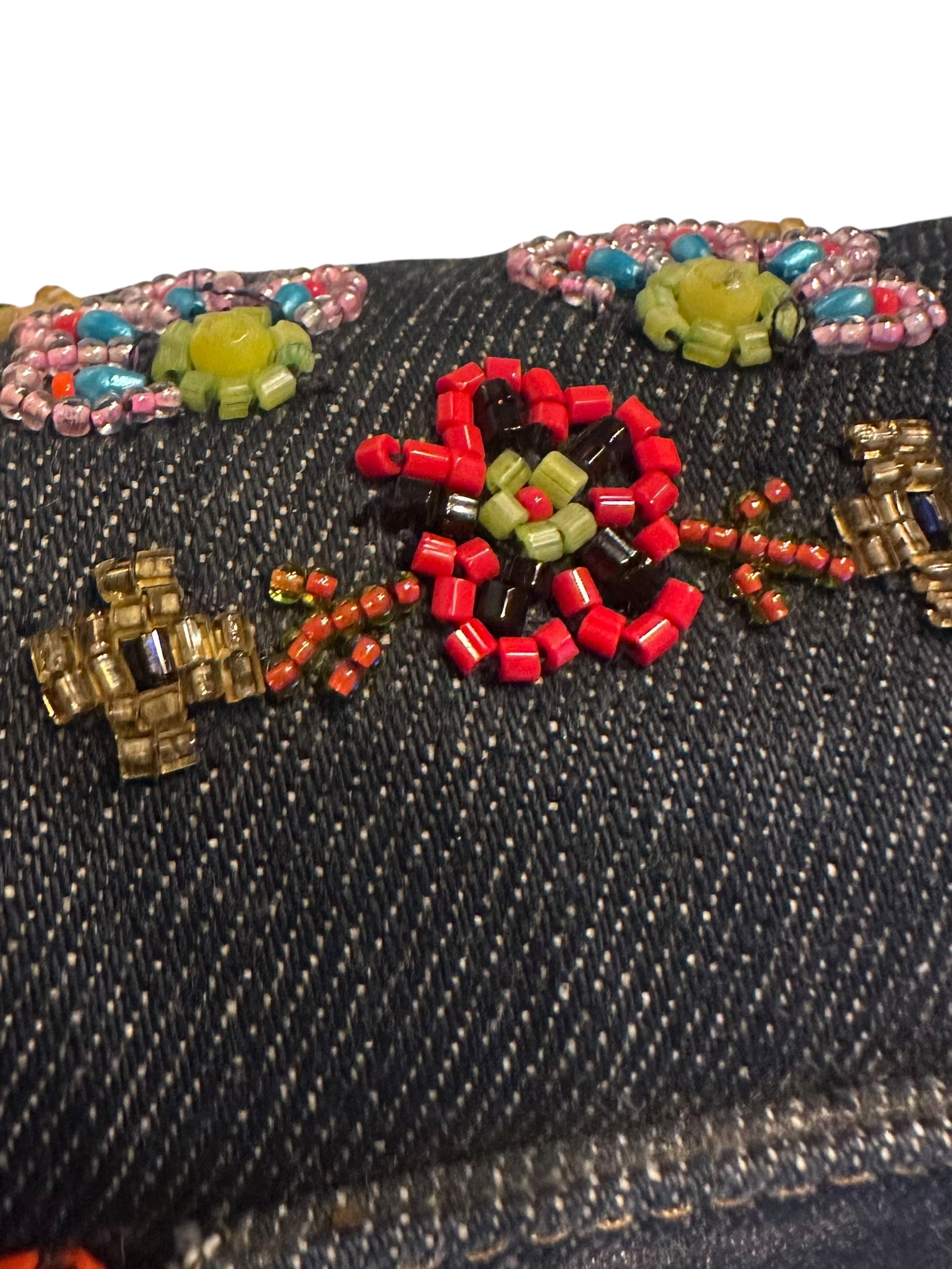 Fendi 1999 Vintage Beaded Floral Denim Mamma Baguette - Blue, SHW