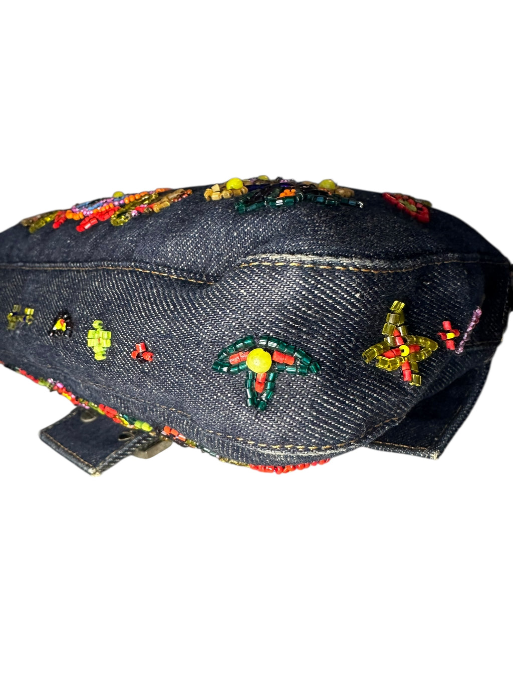 Fendi 1999 Vintage Beaded Floral Denim Mamma Baguette - Blue, SHW