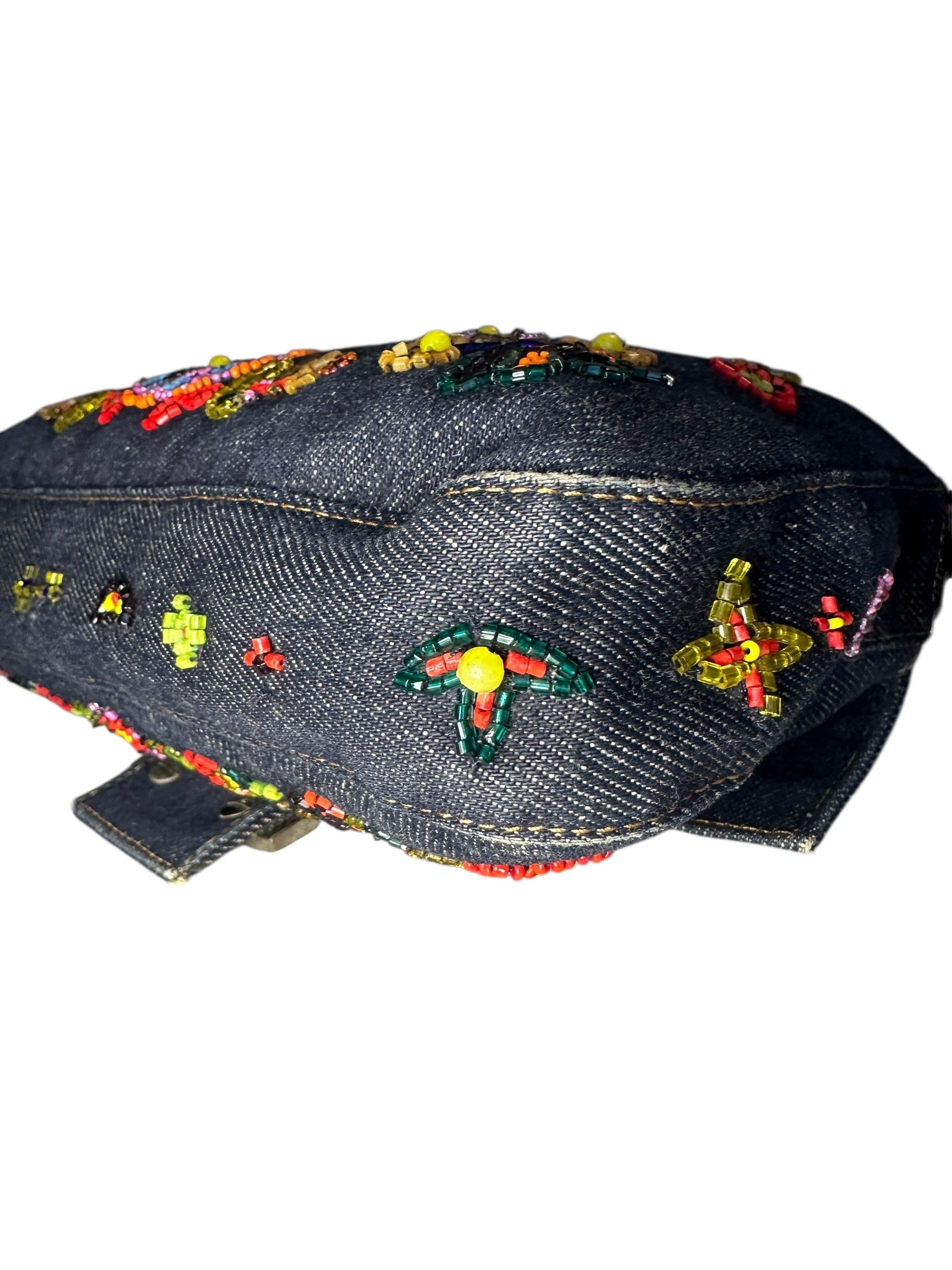 Fendi 1999 Vintage Beaded Floral Denim Mamma Baguette - Blue, SHW