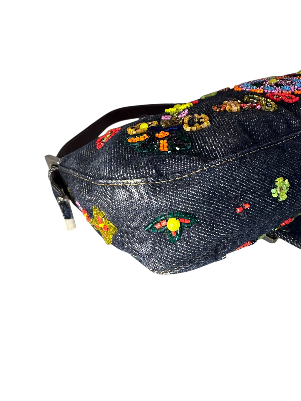 Fendi 1999 Vintage Beaded Floral Denim Mamma Baguette - Blue, SHW