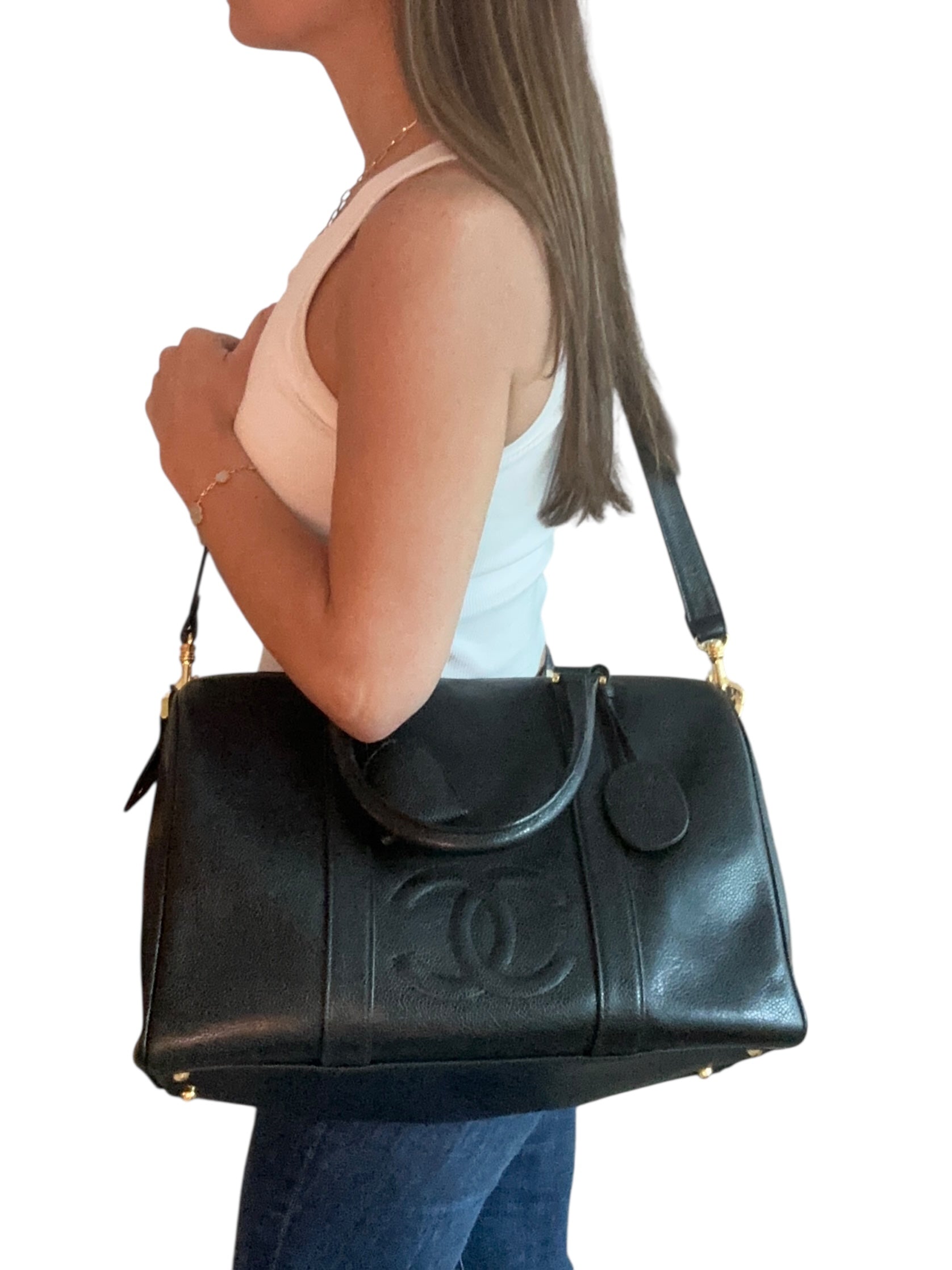 Chanel 1991-1994 Vintage Coco Mark Mini Boston Bag Caviar Skin - Black, GHW