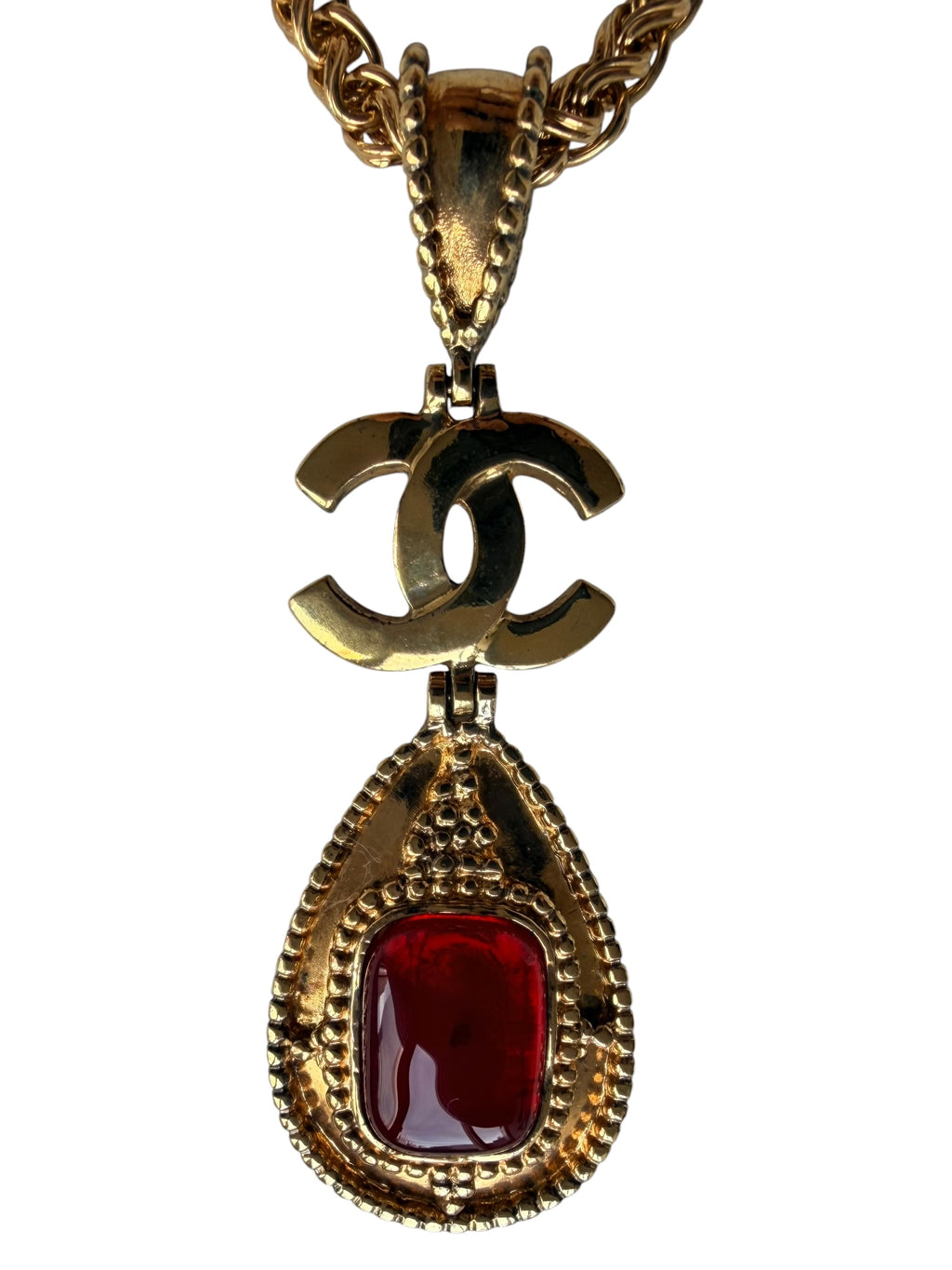 Chanel Vintage 90s Red Gripoix Teardrop Necklace in 24k Gold Metal