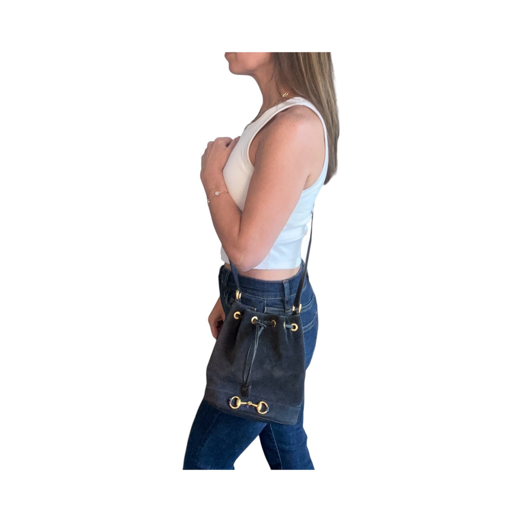 Gucci 2000s Vintage Suede Horsebit Bucket Bag - Navy Blue, GHW