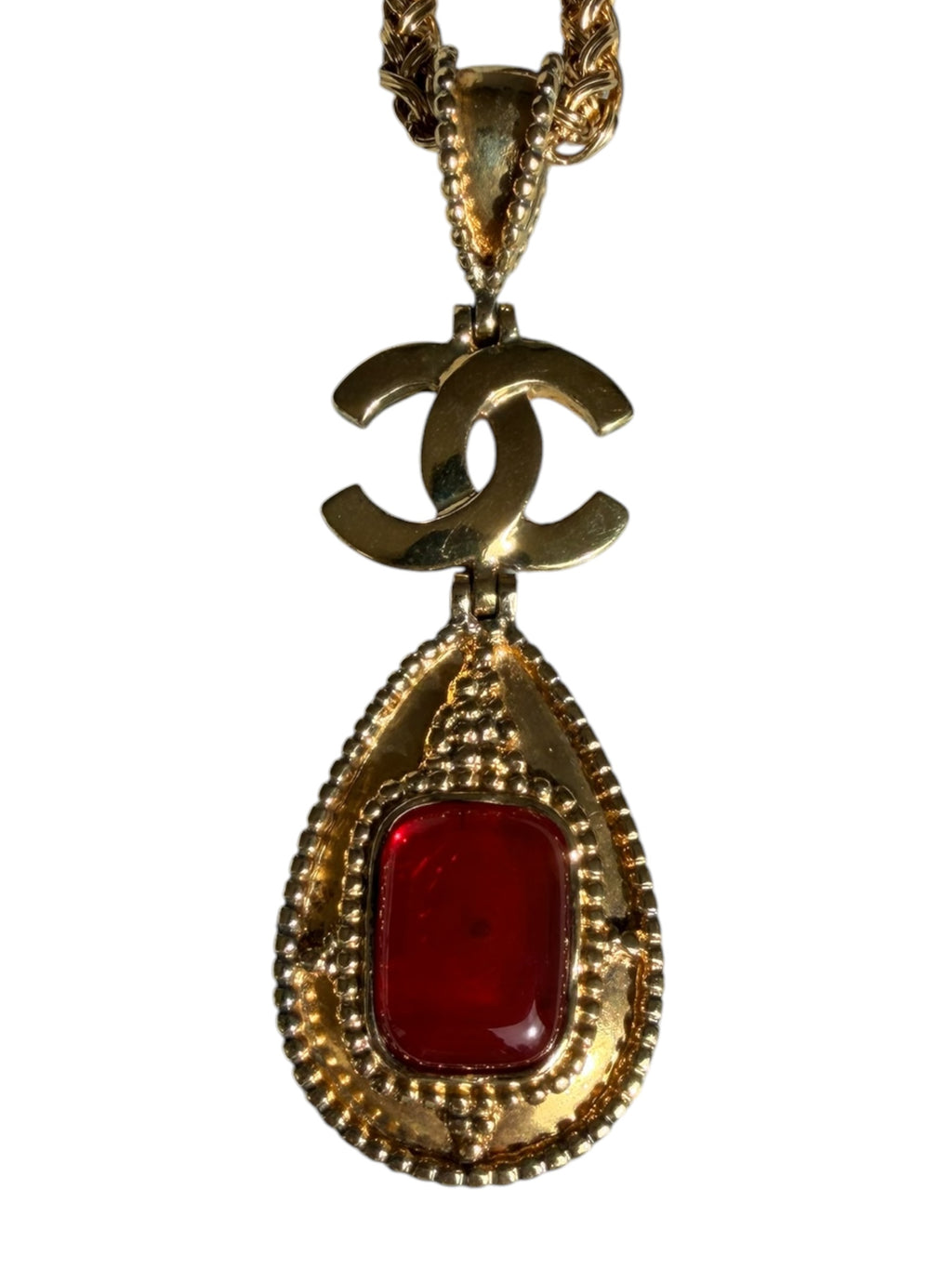 Chanel Vintage 90s Red Gripoix Teardrop Necklace in 24k Gold Metal