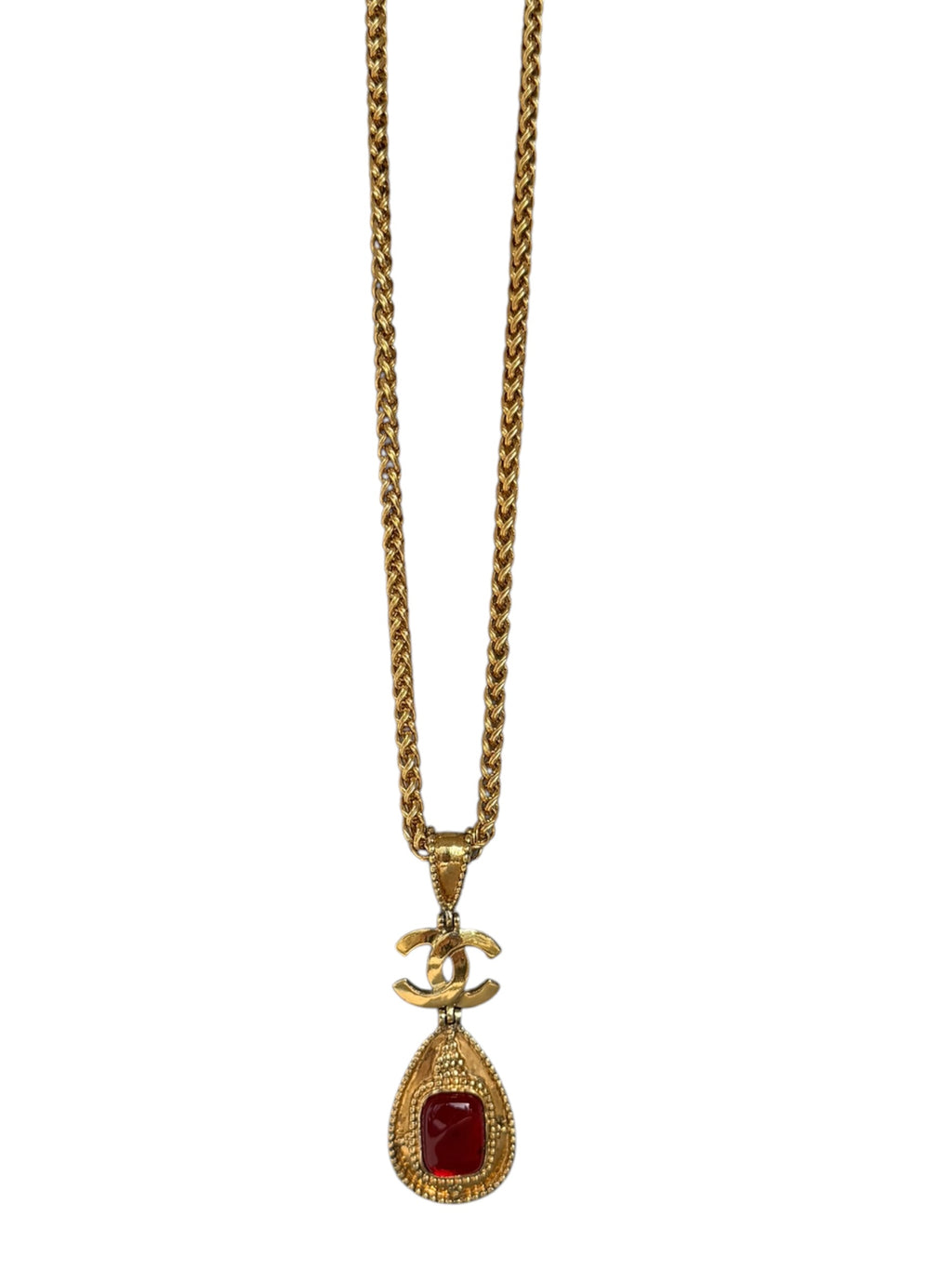 Chanel Vintage 90s Red Gripoix Teardrop Necklace in 24k Gold Metal