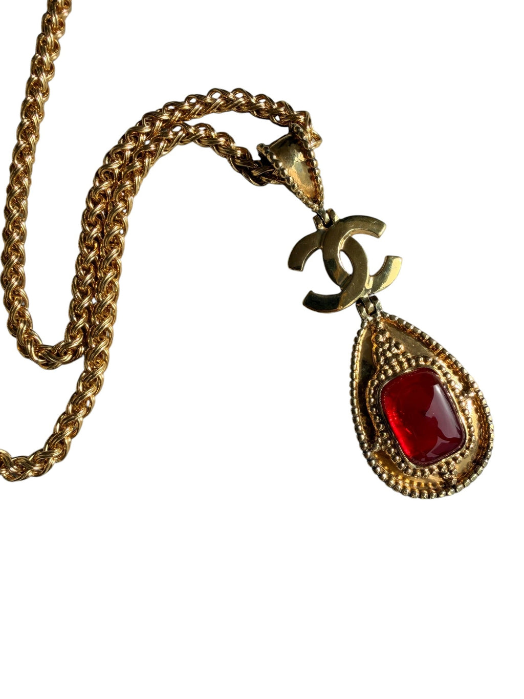 Chanel Vintage 90s Red Gripoix Teardrop Necklace in 24k Gold Metal