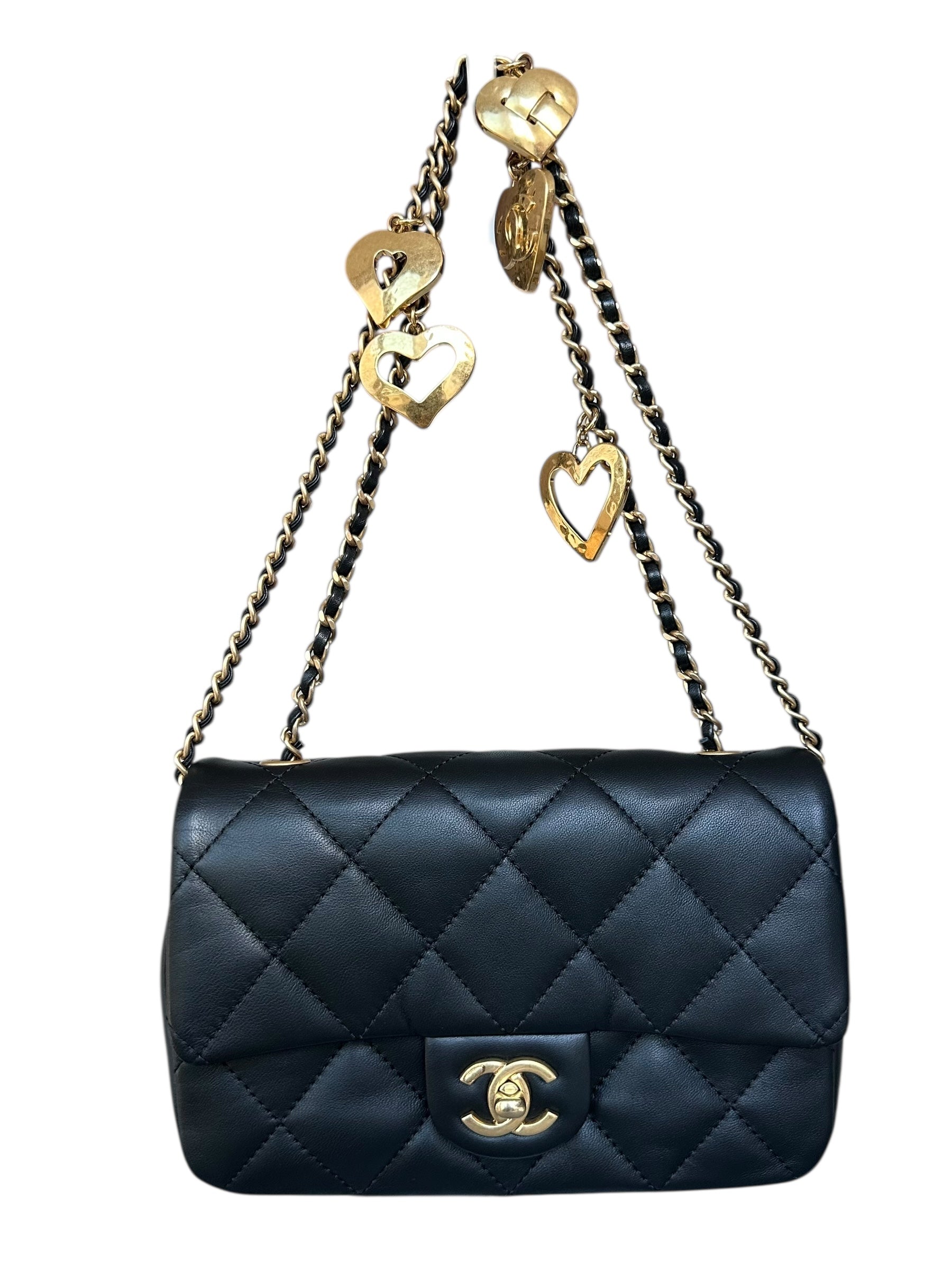 Chanel Heart Charms Matelasse Lambskin Mini Flap Bag - Black, GHW
