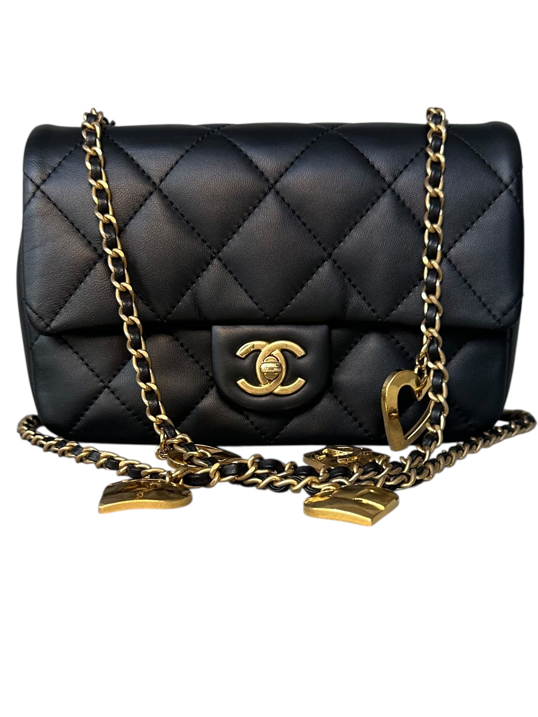 Chanel Heart Charms Matelasse Lambskin Mini Flap Bag - Black, GHW