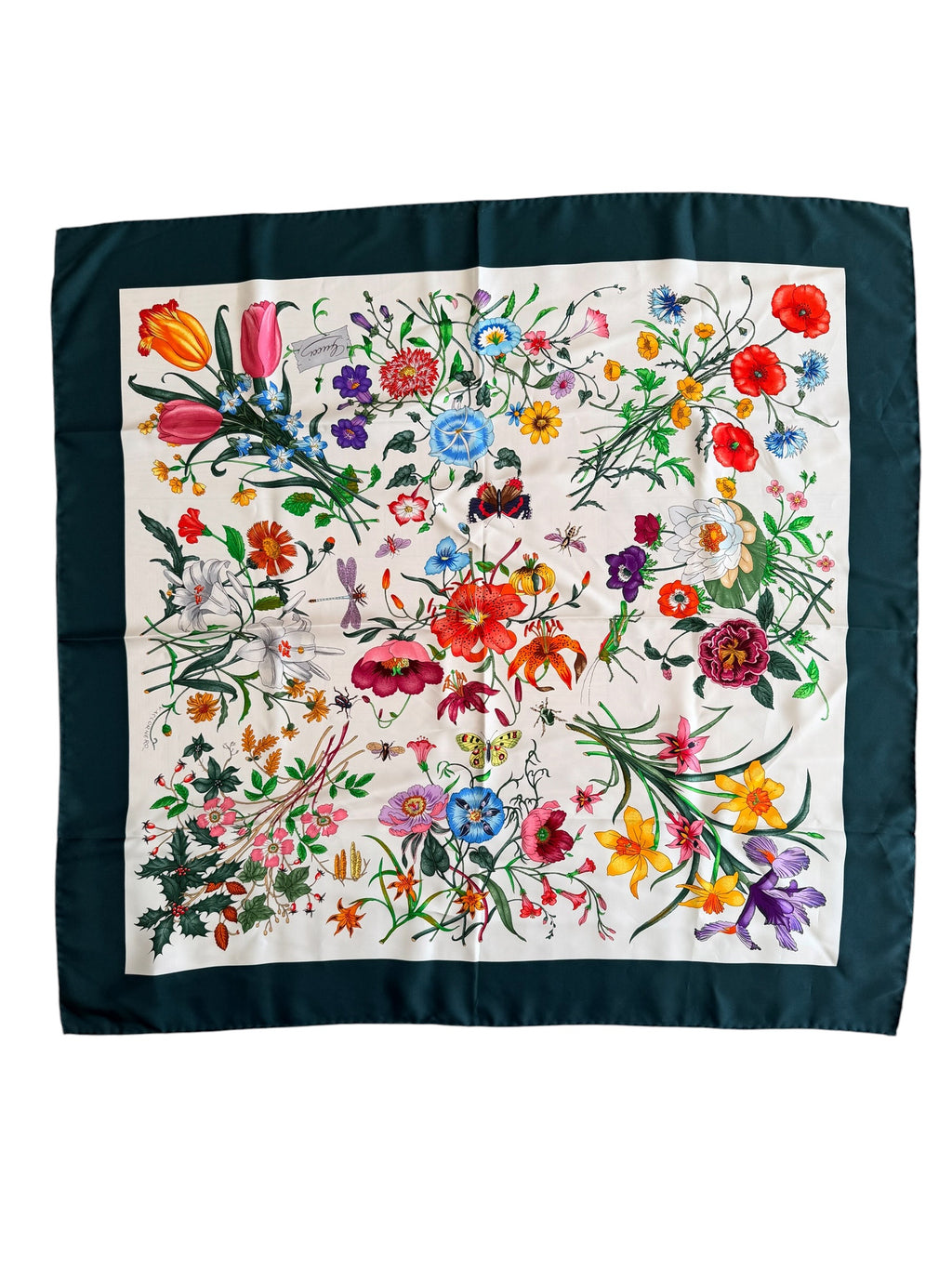 Gucci Silk Flora Scarf with Dark Green Border
