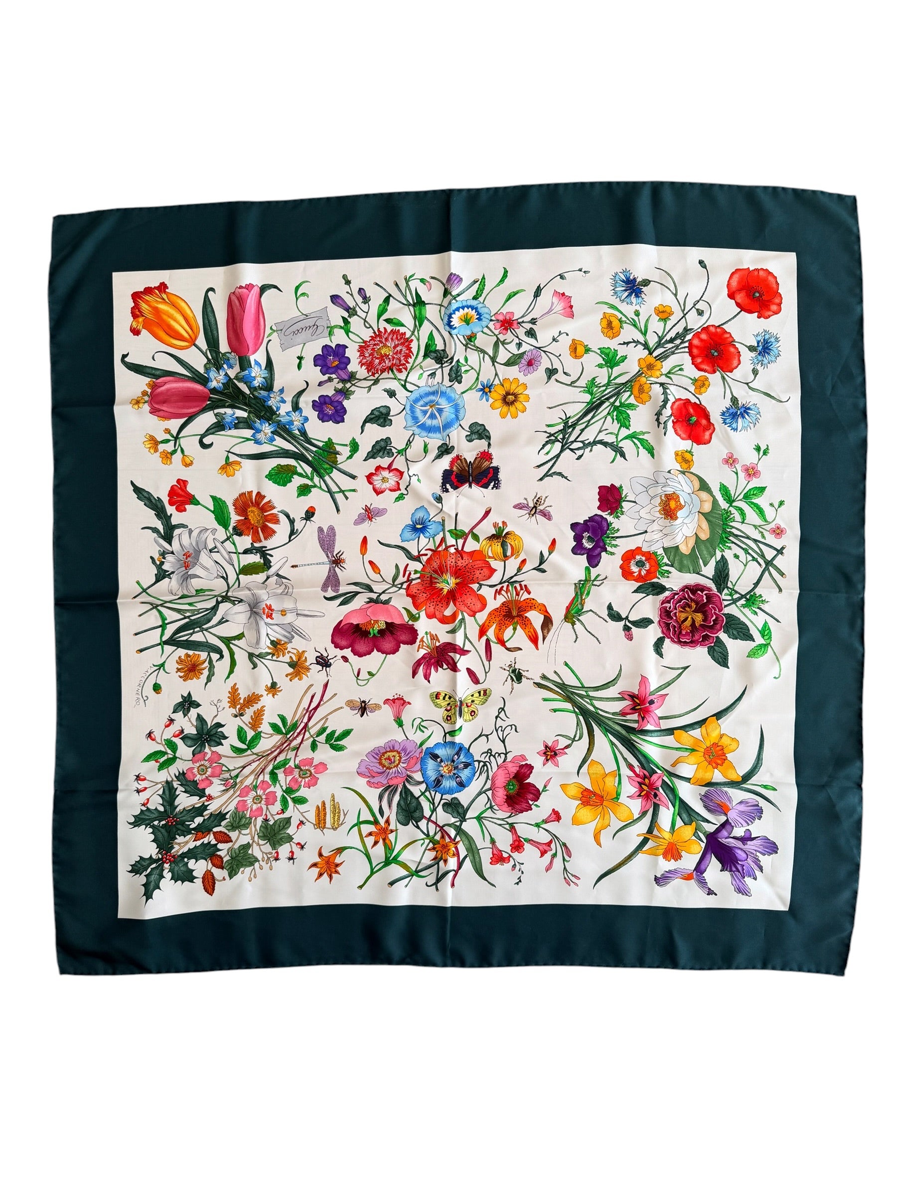 Gucci Silk Flora Scarf with Dark Green Border
