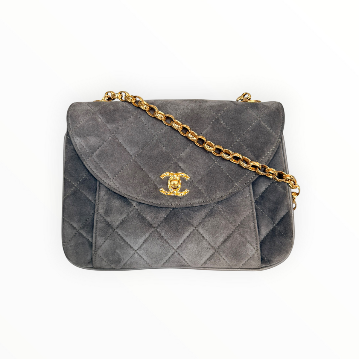 Chanel Vintage Half Moon Pleated Matelasse Bag in Gray Velour with Bijoux Chain