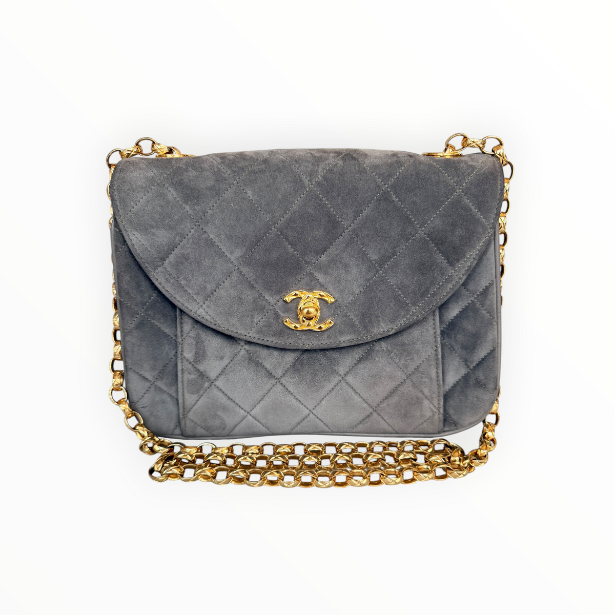 Chanel Vintage Half Moon Pleated Matelasse Bag in Gray Velour with Bijoux Chain