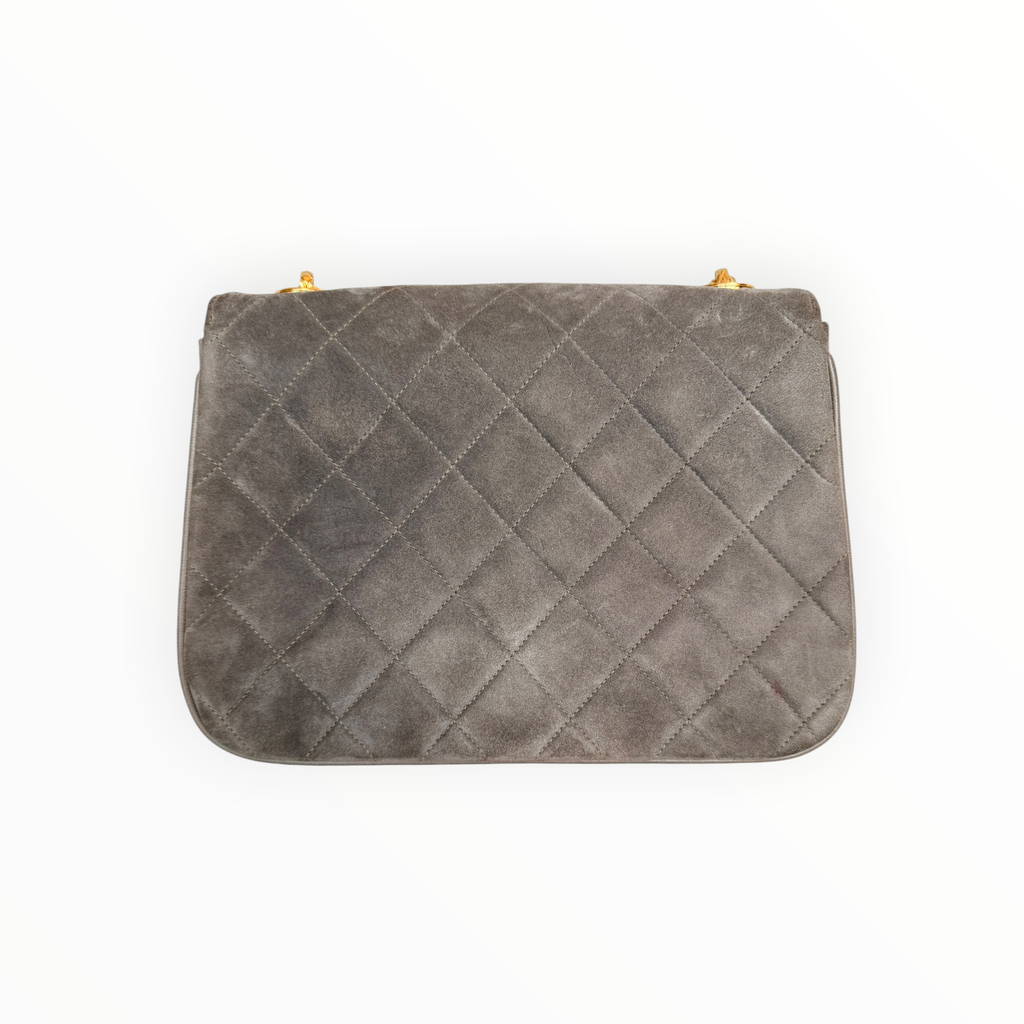 Chanel Vintage Half Moon Pleated Matelasse Bag in Gray Velour with Bijoux Chain