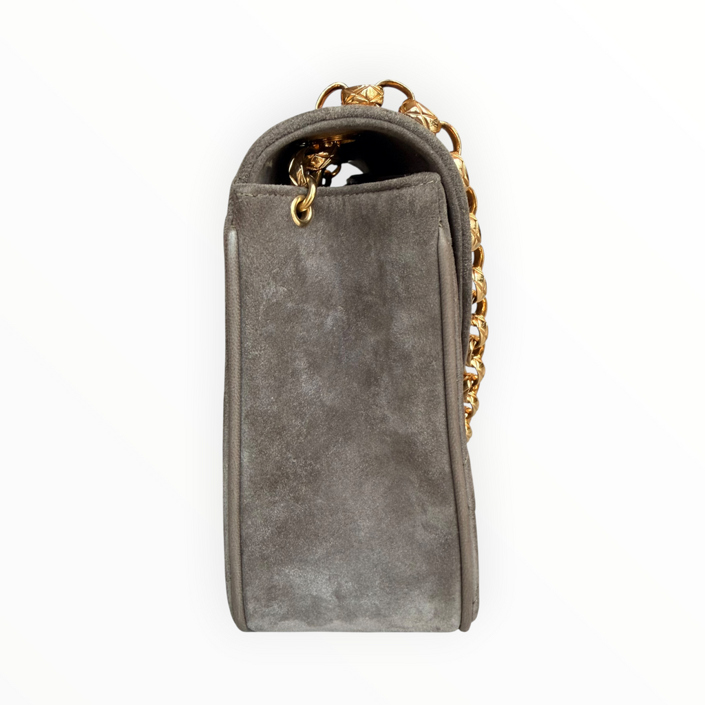 Chanel Vintage Half Moon Pleated Matelasse Bag in Gray Velour with Bijoux Chain
