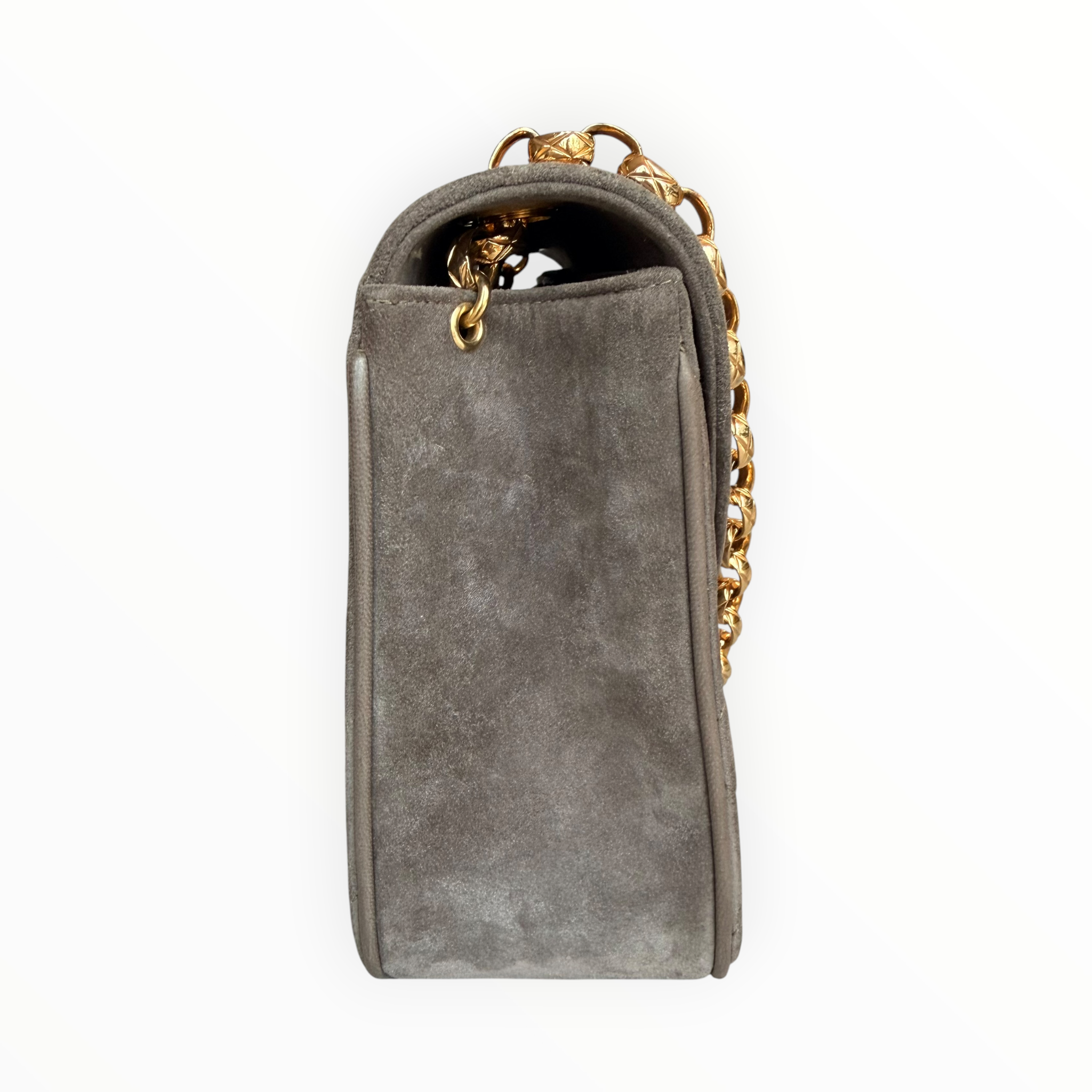 Chanel Vintage Half Moon Pleated Matelasse Bag in Gray Velour with Bijoux Chain