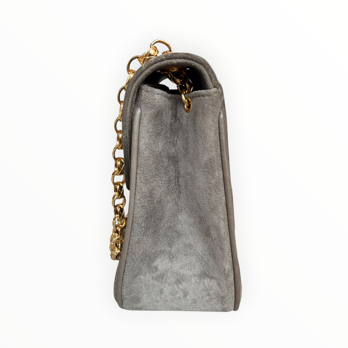 Chanel Vintage Half Moon Pleated Matelasse Bag in Gray Velour with Bijoux Chain