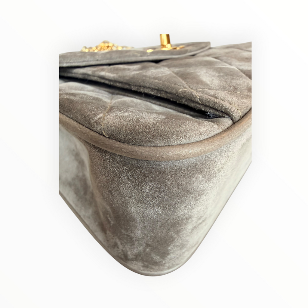 Chanel Vintage Half Moon Pleated Matelasse Bag in Gray Velour with Bijoux Chain