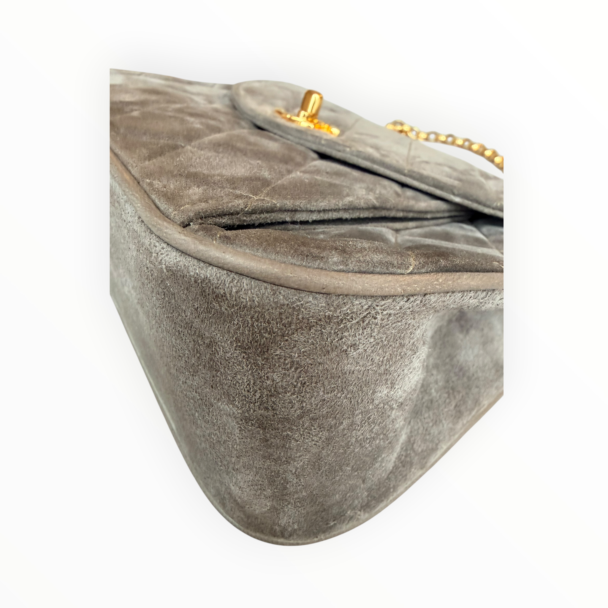 Chanel Vintage Half Moon Pleated Matelasse Bag in Gray Velour with Bijoux Chain