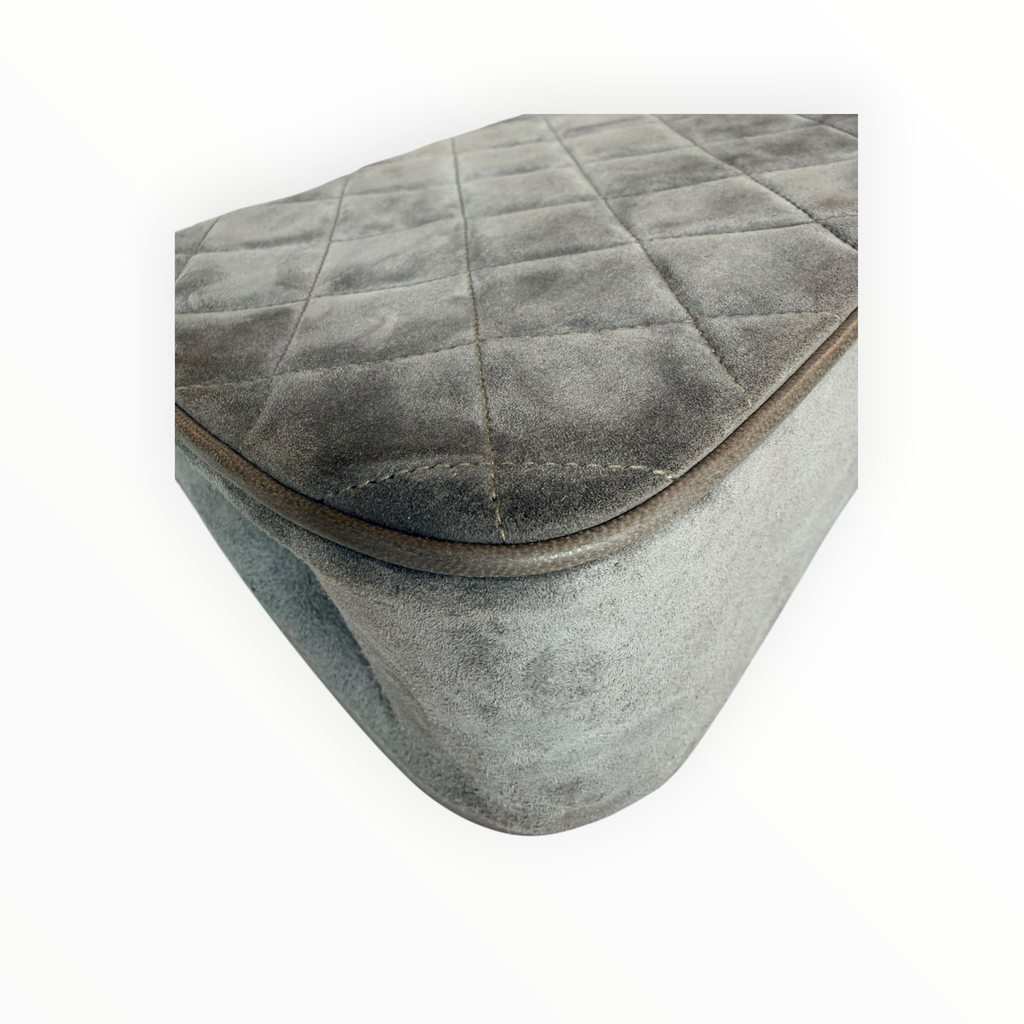 Chanel Vintage Half Moon Pleated Matelasse Bag in Gray Velour with Bijoux Chain